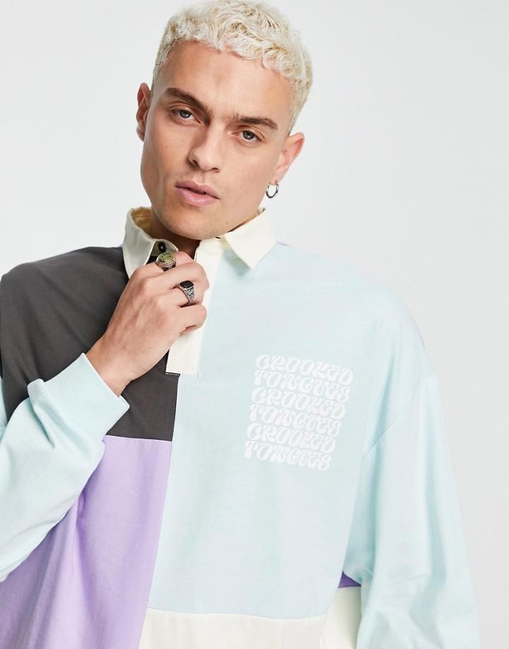 Crooked Tongues Rugby Polo Long Sleeve Tshirt With Print In Color Block-multi