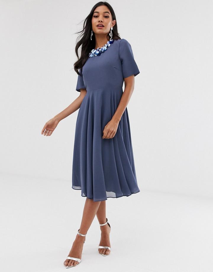 Asos Design Crop Top Embellished Neckline Midi Dress-blue