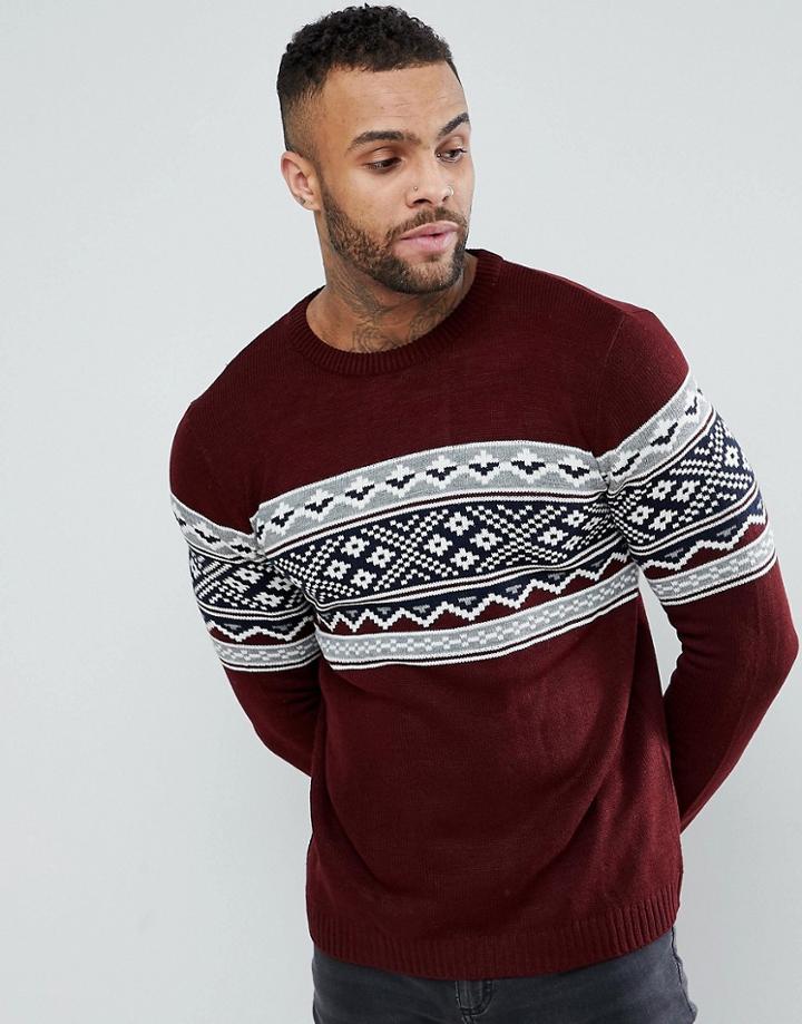 Pull & Bear Fair Isle Sweater In Burgundy - Red