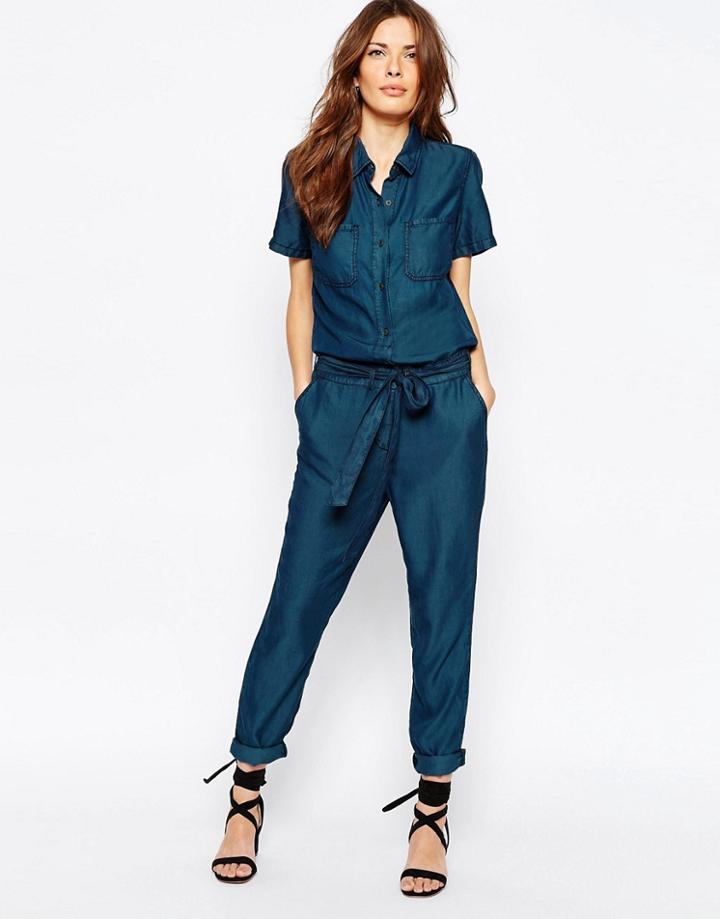 Vila Tie Front Denim Jumpsuit - Dark Blue Denim