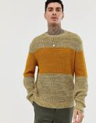 Asos Design Oversized Textured Sweater With Chest Stripe In Khaki Twist - Green