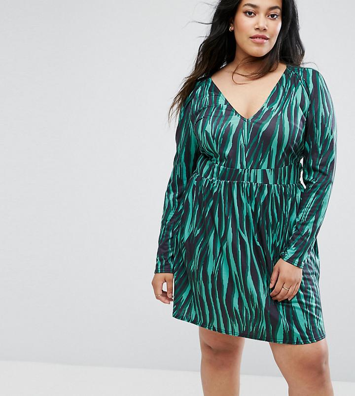 Asos Curve V Neck Animal Print Dress With Long Sleeve - Multi