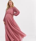 Asos Design Maternity Maxi Dress With Linear Yolk Embellishment-pink