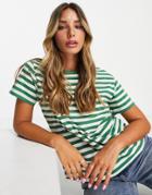 Asos Design Ultimate T-shirt In Green And Cream Stripe-multi