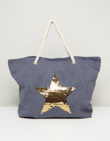 South Beach Washed Blue Beach Bag With Gold Star - Blue