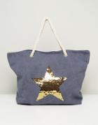 South Beach Washed Blue Beach Bag With Gold Star - Blue