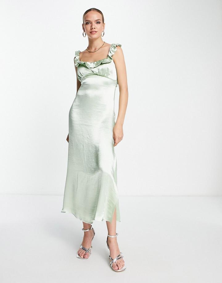 Topshop Ruffle Cami Midaxi Dress With Cross Back In Sage-green