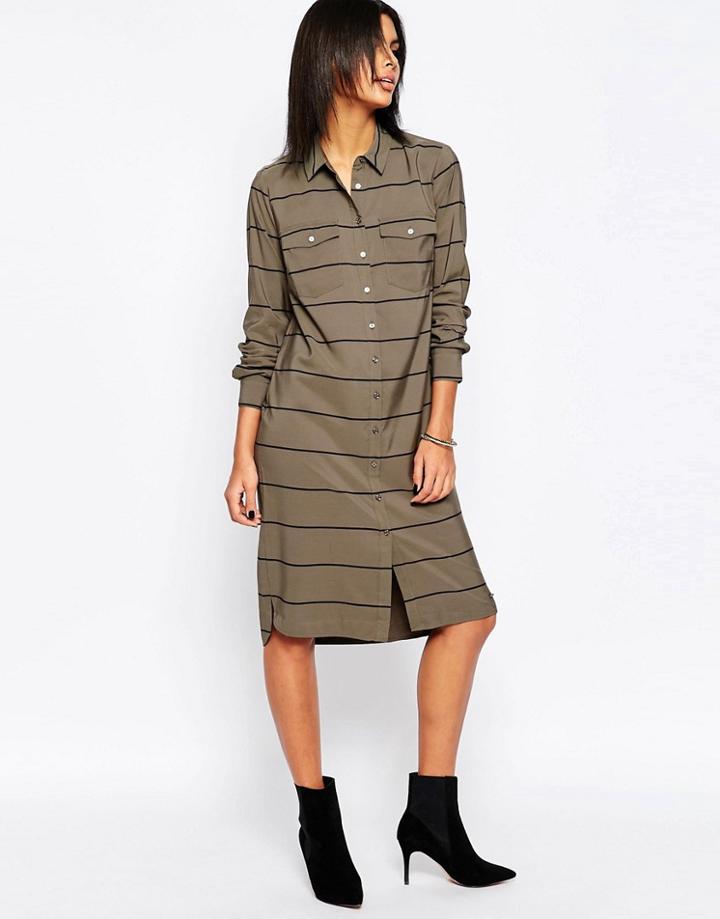 Pepe Jeans Fergy Striped Midi Shirt Dress - 679military Green