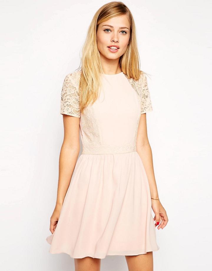 Asos Skater Dress With Lace Sleeves And Overlay - Pink