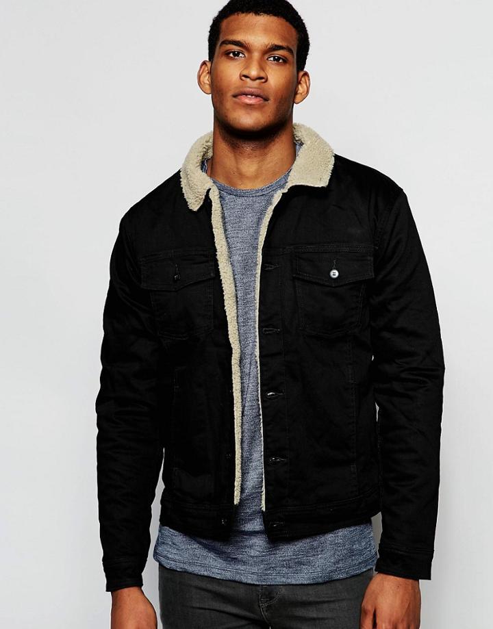 Hoxton Denim Aviator Jacket Fleece Lining - Black