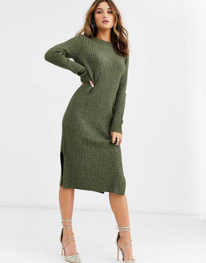 Vero Moda Kitted Midi Dress With Side Split In Green