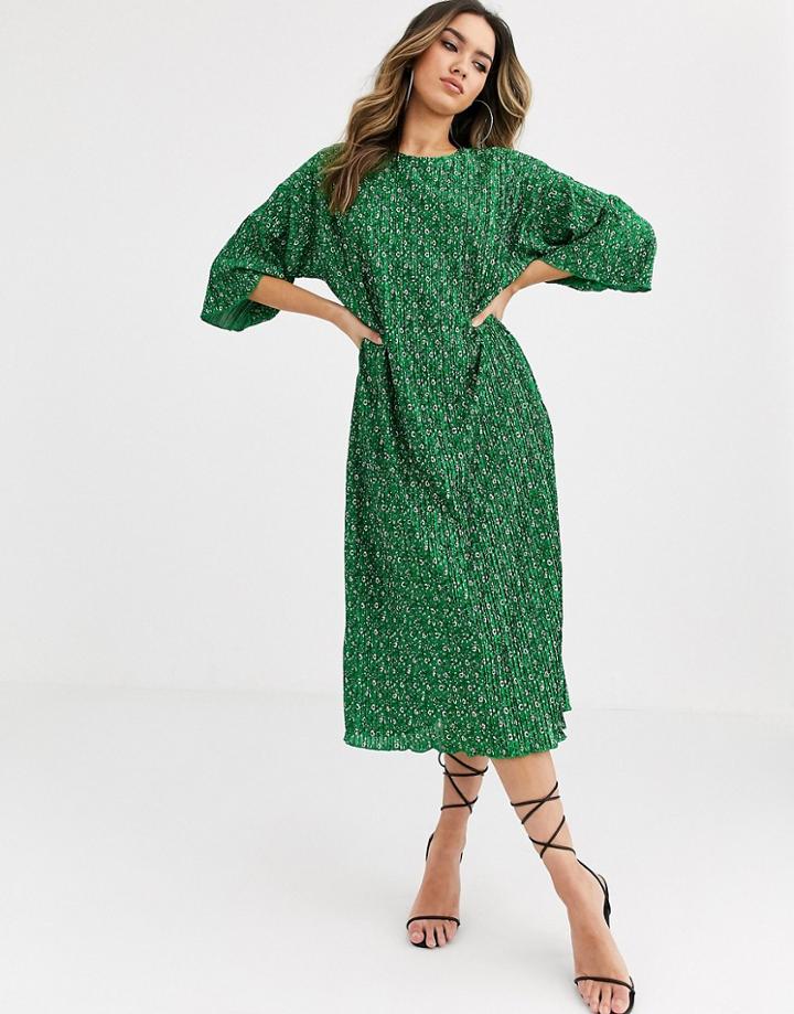 Asos Design Green Ditsy Print Midi Plisse Huge T-shirt Dress-multi