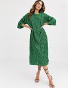 Asos Design Green Ditsy Print Midi Plisse Huge T-shirt Dress-multi