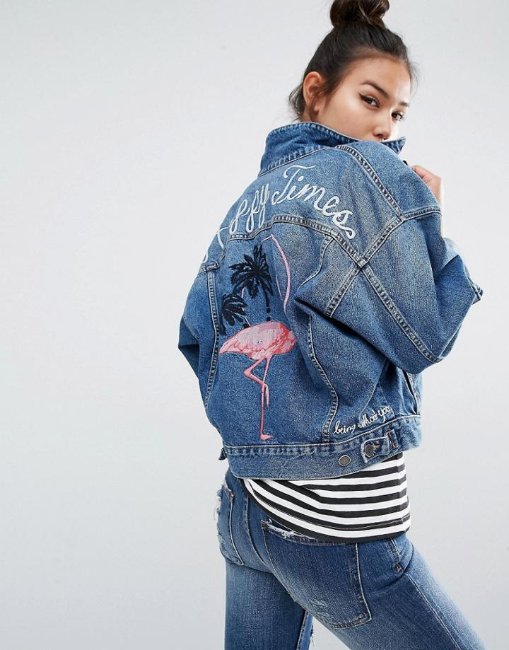 Pull & Bear Denim Jacket In Vintage Wash With Flamingo Motif - Blue