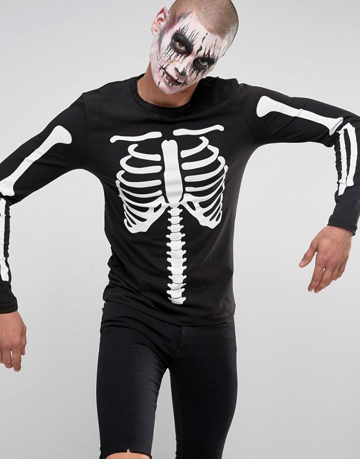 Asos Halloween Muscle Long Sleeve T-shirt With Rib Cage Print - Black