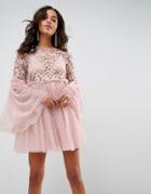 Asos Lace And Dobby Mesh Fluted Sleeve Mini Smock Dress - Pink