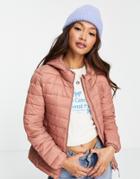 Pull & Bear Padded Zip Front Hooded Jacket In Pink