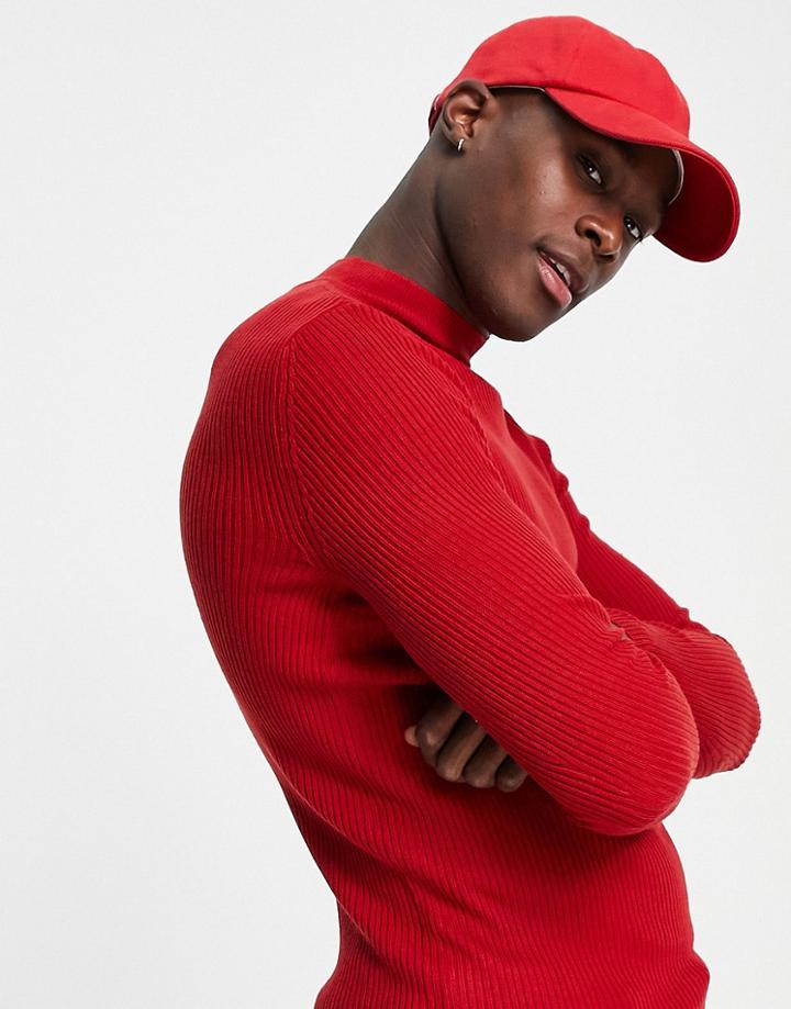Asos Design Knitted Muscle Fit Rib Turtle Neck Sweater In Red