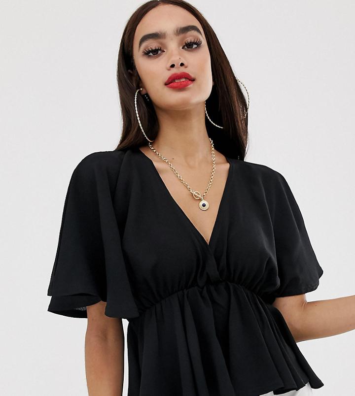 Prettylittlething Basic Plunge Peplum Top With Angel Sleeve In Black - Black