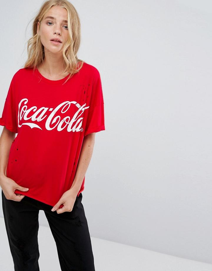 Bershka Distressed 'coca Cola' Tee - Red