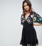Asos Design Tall Tiered Mini Dress With Floral Embroidery-multi