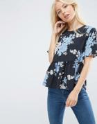 Asos Oversized Top In Floral Print With Frill Hem - Multi