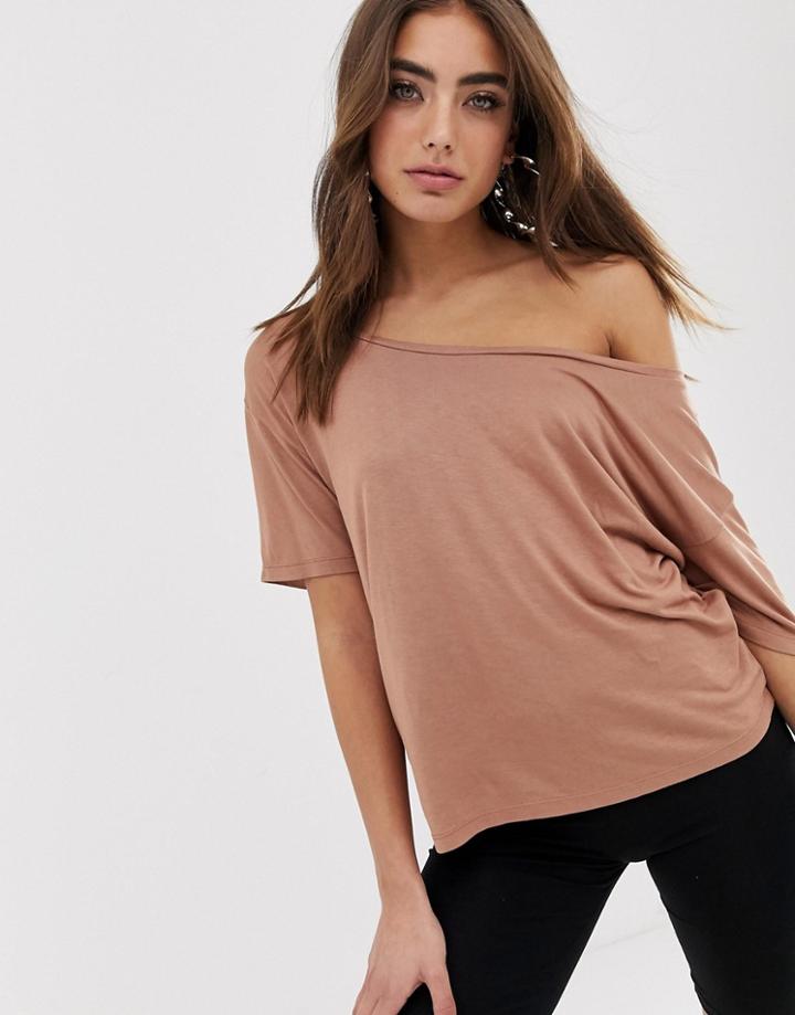 Asos Design Off Shoulder T-shirt In Brown - Brown