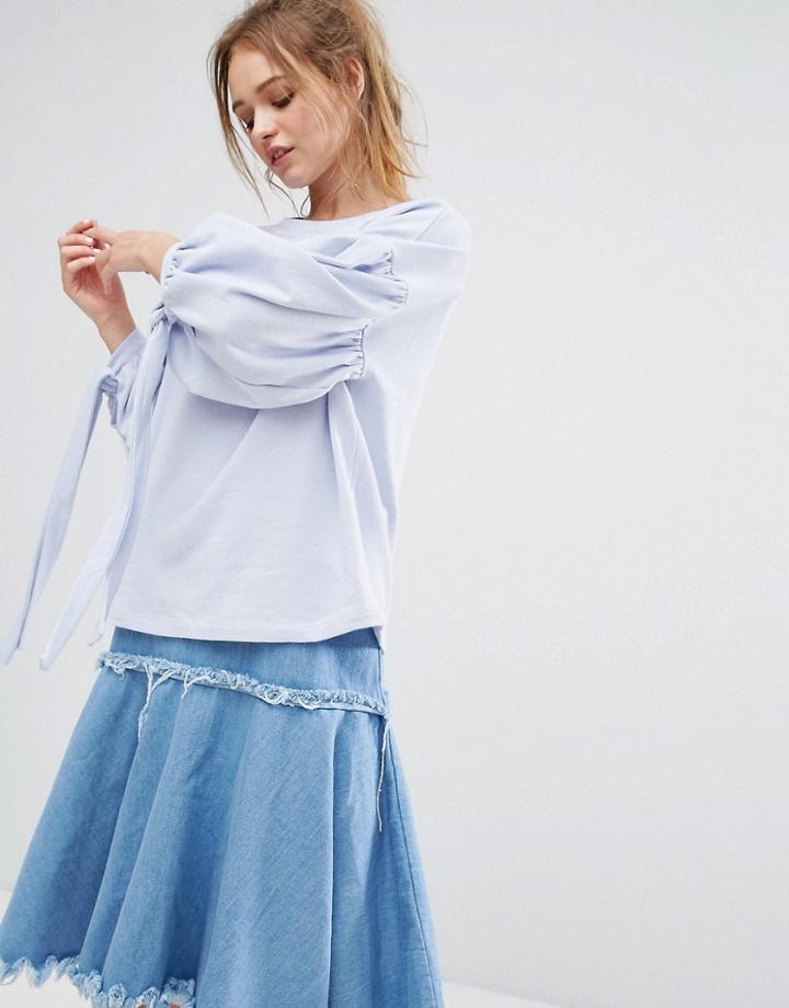 Pull & Bear Balloon Sleeve Sweat With Tie Arm Detail - Blue
