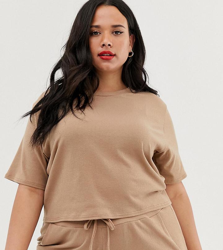 Boohoo Plus Basic Ribbed T-shirt Two-piece In Camel - Beige
