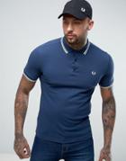 Fred Perry Slim Pique Polo Shirt Twin Tipped In Service Blue - Blue