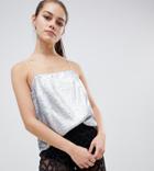 Asos Design Petite Sequin Square Neck Cami With Strap Detail - Silver