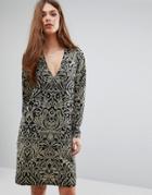 Ganni Schiffer Glitter Print Long Sleeve Dress - Gold