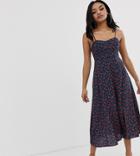Fashion Union Petite Structured Midi Dress With Tie Sleeves In Floral-navy