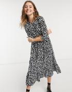 Style Cheat Long Sleeve Tiered Smock Midi Dress In Black Dotted Print