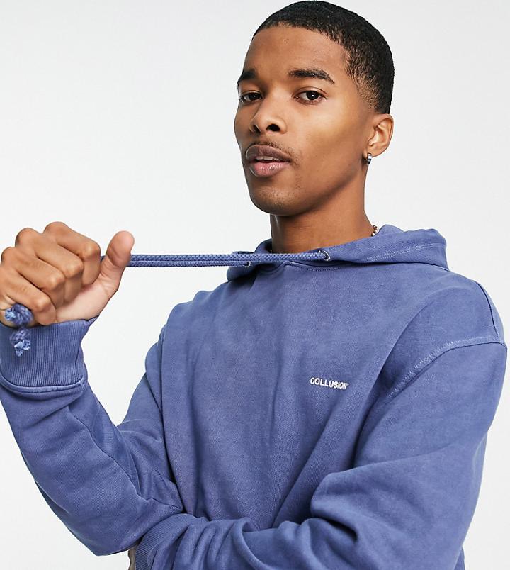 Collusion Acid Wash Logo Hoodie In Deep Blue