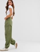 Pull & Bear Button Front Cargo Pants In Khaki - Green