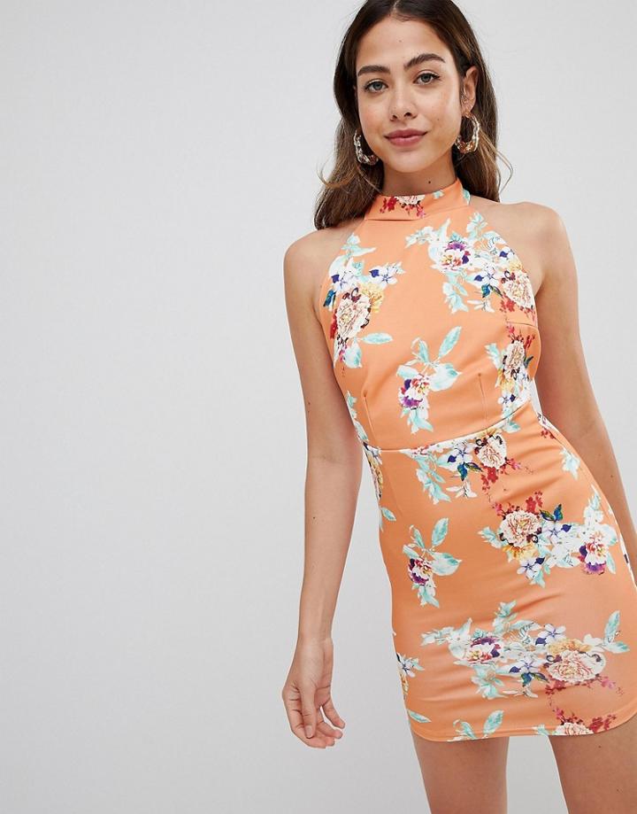 Missguided Printed Halterneck Dress - Orange