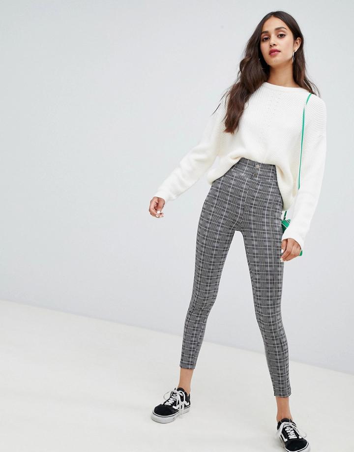 Bershka Button Top Leggings In Check - Gray