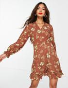 Trendyol Long Sleeve Floral Mini Dress In Brown