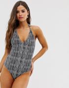 Luxe Palm Blurred Stripe Plunge Front Swimsuit - Multi