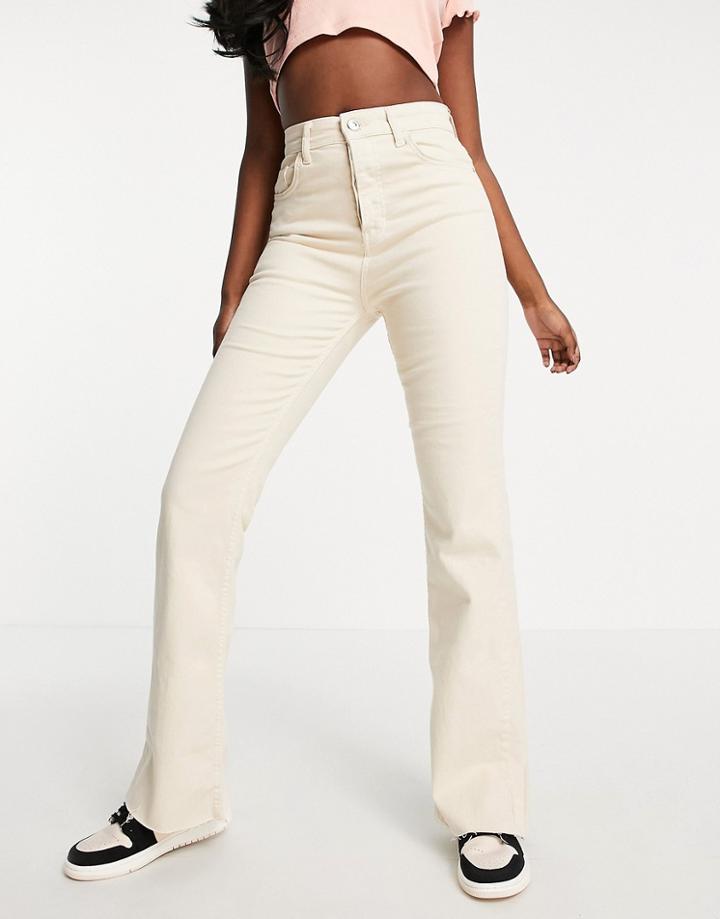 Stradivarius Slim Flare Jeans With Split Detail In Ecru-white