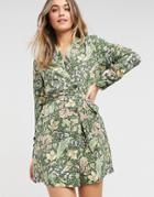 Monki Lisen Recycled Leaf Print Mini Shirt Dress In Green