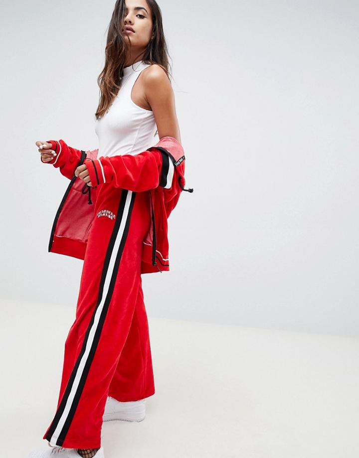 Criminal Damage Wide Leg Velour Track Pants With Side Stripe-red