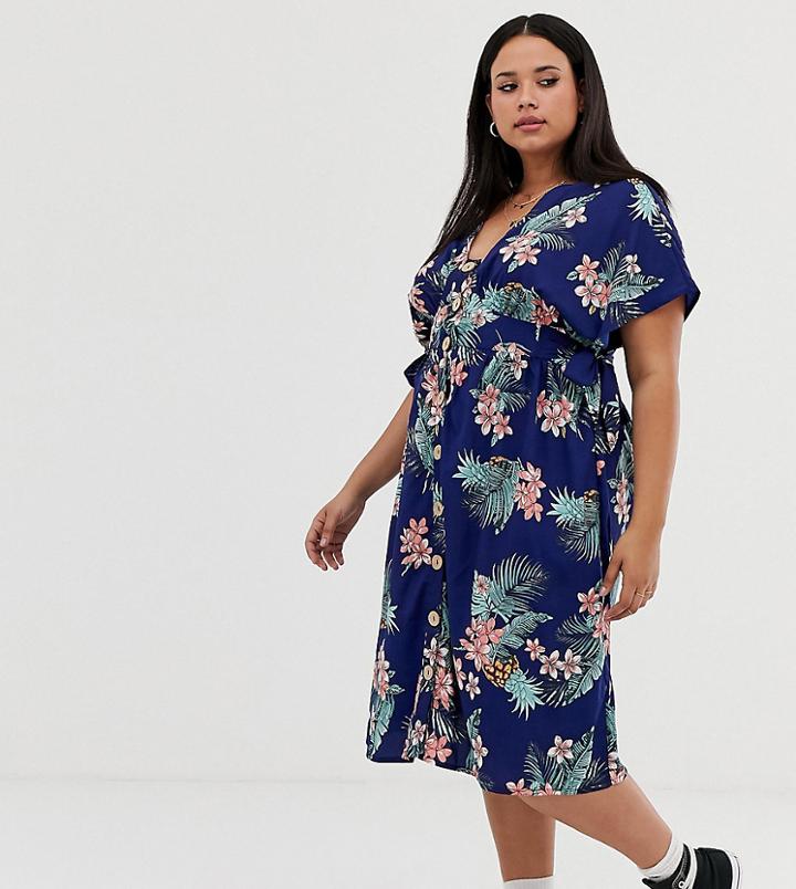 Influence Plus Button Through Midi Dress In Tropical Floral Print-orange