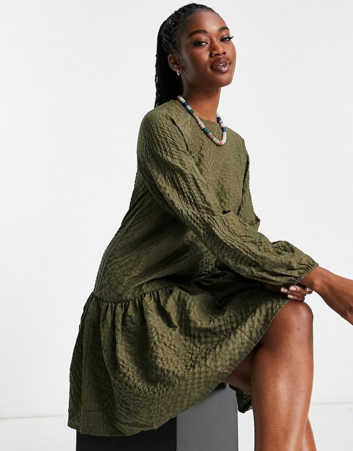 Pieces Darala Drop Hem Smock Mini Dress In Khaki-green