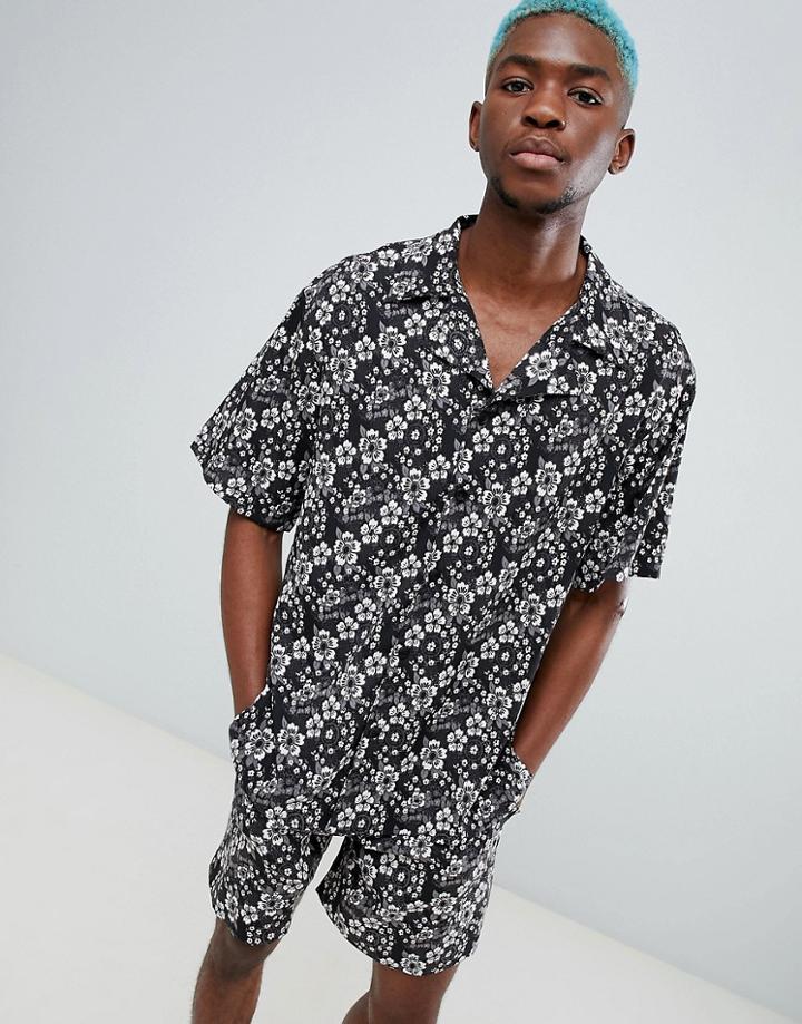 Sacred Hawk Revere Shirt In Floral Print Reg Fit-black