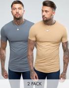 Asos 2 Pack Longline Muscle T-shirt With Curved Hem In Beige/gray Save - Multi