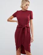 Club L Office Tie Waist Burgandy Short Sleeve Midi Dress - Red