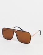 Asos Design Aviator Sunglasses With Gold Frame And Brown Lens