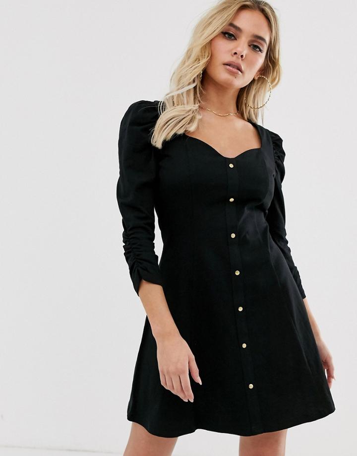 Asos Design Puff Sleeve Popper Front Tea Dress-black